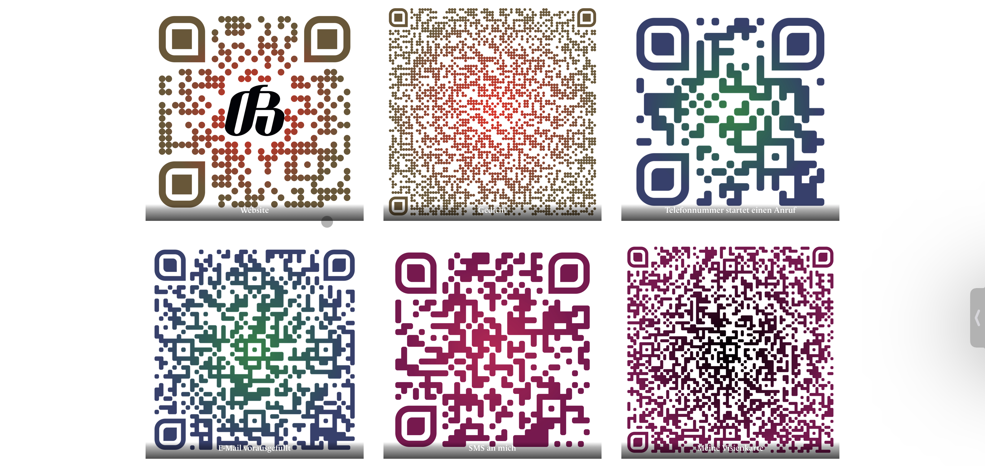 6 verschiedene QR-Codes in unterschiedlichen Farben auf weissem Grund