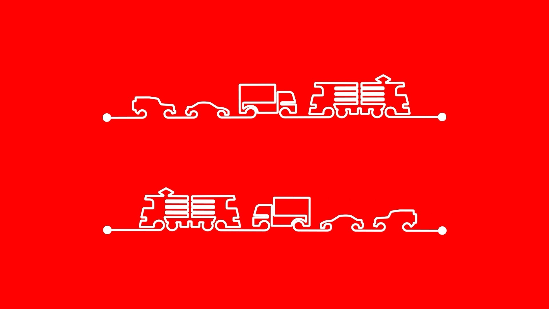 Zwei Lastwagen auf rotem Hintergrund.